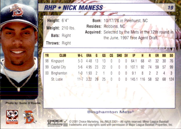 2001 Binghamton Mets Choice #19 Nick Maness back image