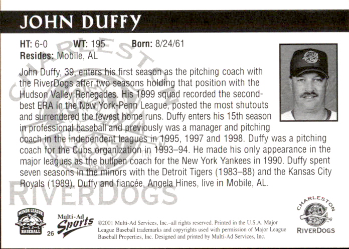 2001 Charleston River Dogs Multi-Ad #26 John Duffy CO back image