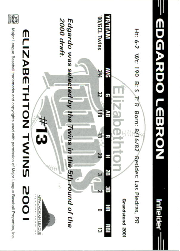 2001 Elizabethton Twins Grandstand #14 Edgardo Lebron back image