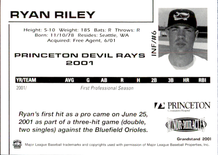 DC ARROW ケイティロッツ　サインカード 2001 Princeton Devil Rays Grandstand #24 Ryan Riley Seattle