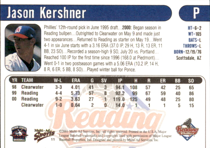2001 Reading Phillies Multi-Ad #11 Jason Kershner back image