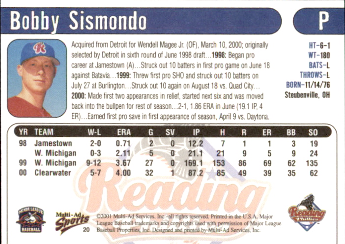 2001 Reading Phillies Multi-Ad #20 Bobby Sismondo back image