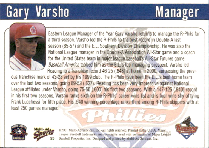 2001 Reading Phillies Multi-Ad #25 Gary Varsho MGR back image