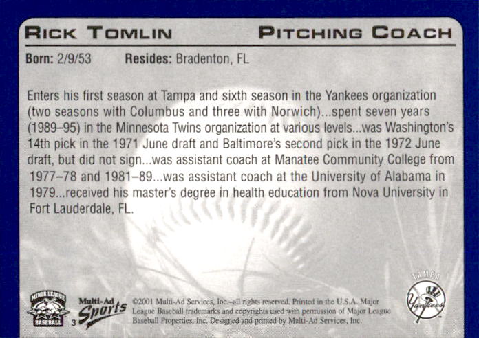 2001 Tampa Yankees Multi-Ad #3 Rick Tomlin Co back image