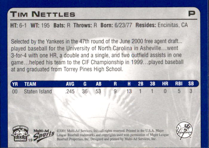 2001 Tampa Yankees Multi-Ad #19 Tim Nettles back image