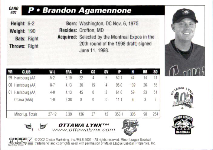 2002 Ottawa Lynx Choice #1 Brandon Agamennone Crofton Maryland MD ...