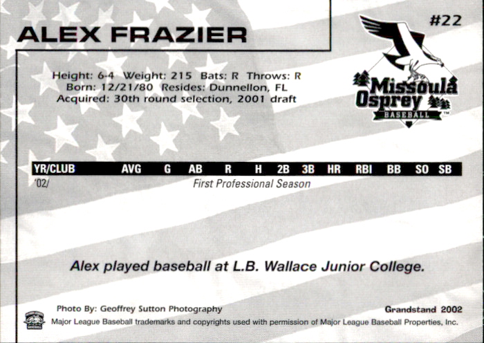 2002 Missoula Osprey Grandstand #22 Alex Frazier back image