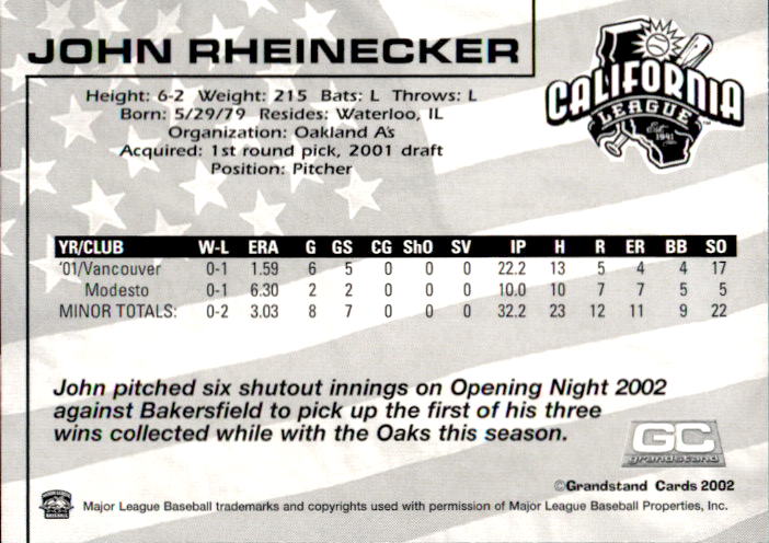 2002 California League Prospects Grandstand #23 John Rheinecker back image