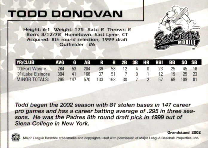 2002 Mobile BayBears Grandstand #21 Todd Donovan back image