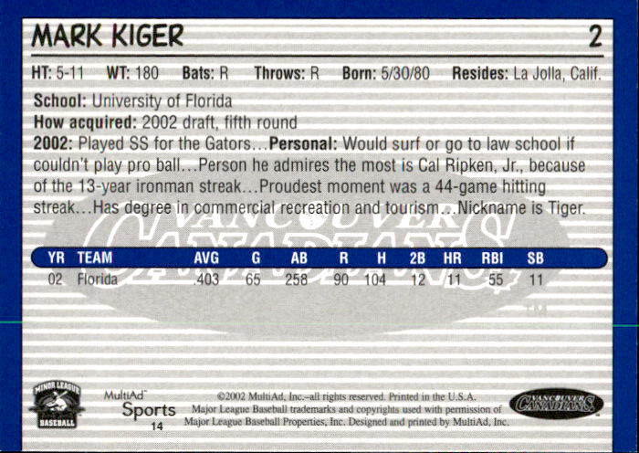 キッシンジャー　1&2 2冊セット 2002 Vancouver Canadians Multi-Ad #14 Mark Kiger La Jolla
