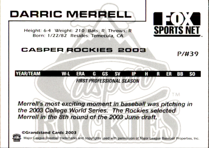 2003 Casper Rockies Grandstand #10 Darric Merrell Temecula