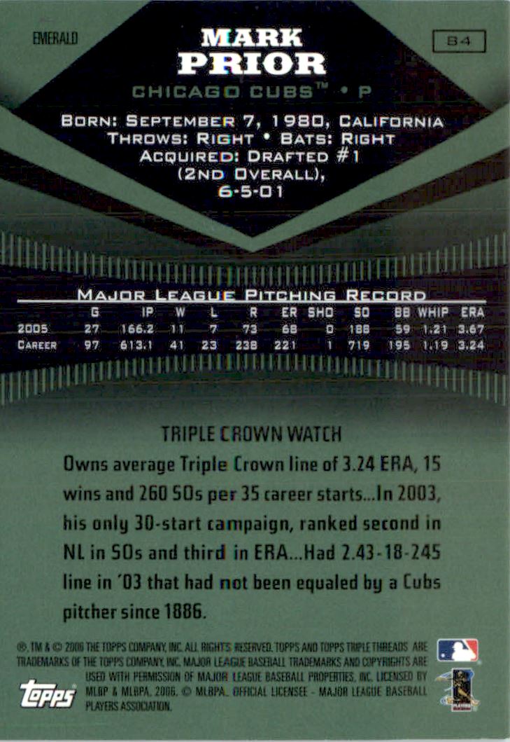 2006 Topps Triple Threads Emerald #84 Mark Prior back image