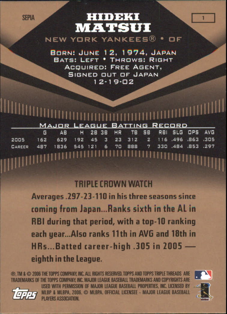 2006 Topps Triple Threads Sepia #1 Hideki Matsui back image