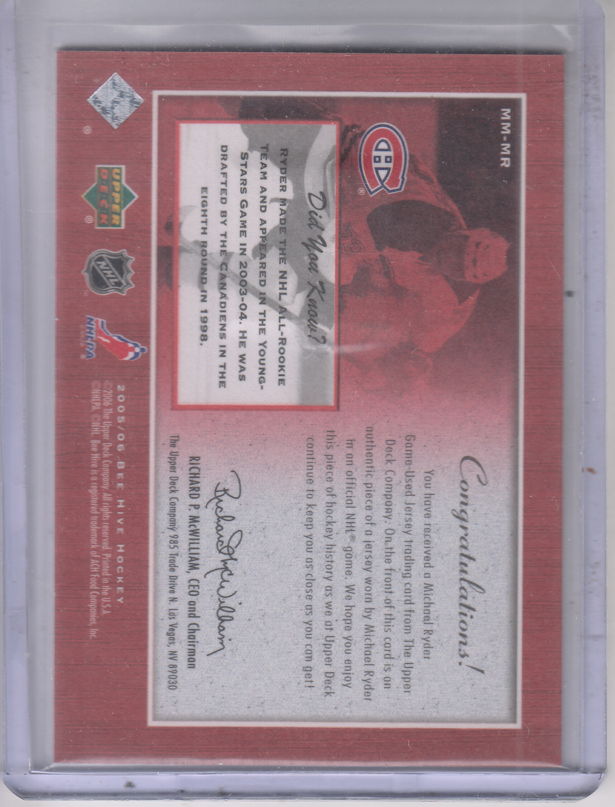 2005-06 Beehive Matted Materials #MMMR Michael Ryder back image