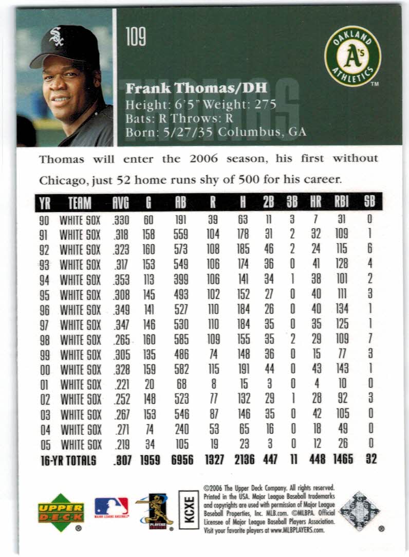 2006 Upper Deck #109 Frank Thomas back image