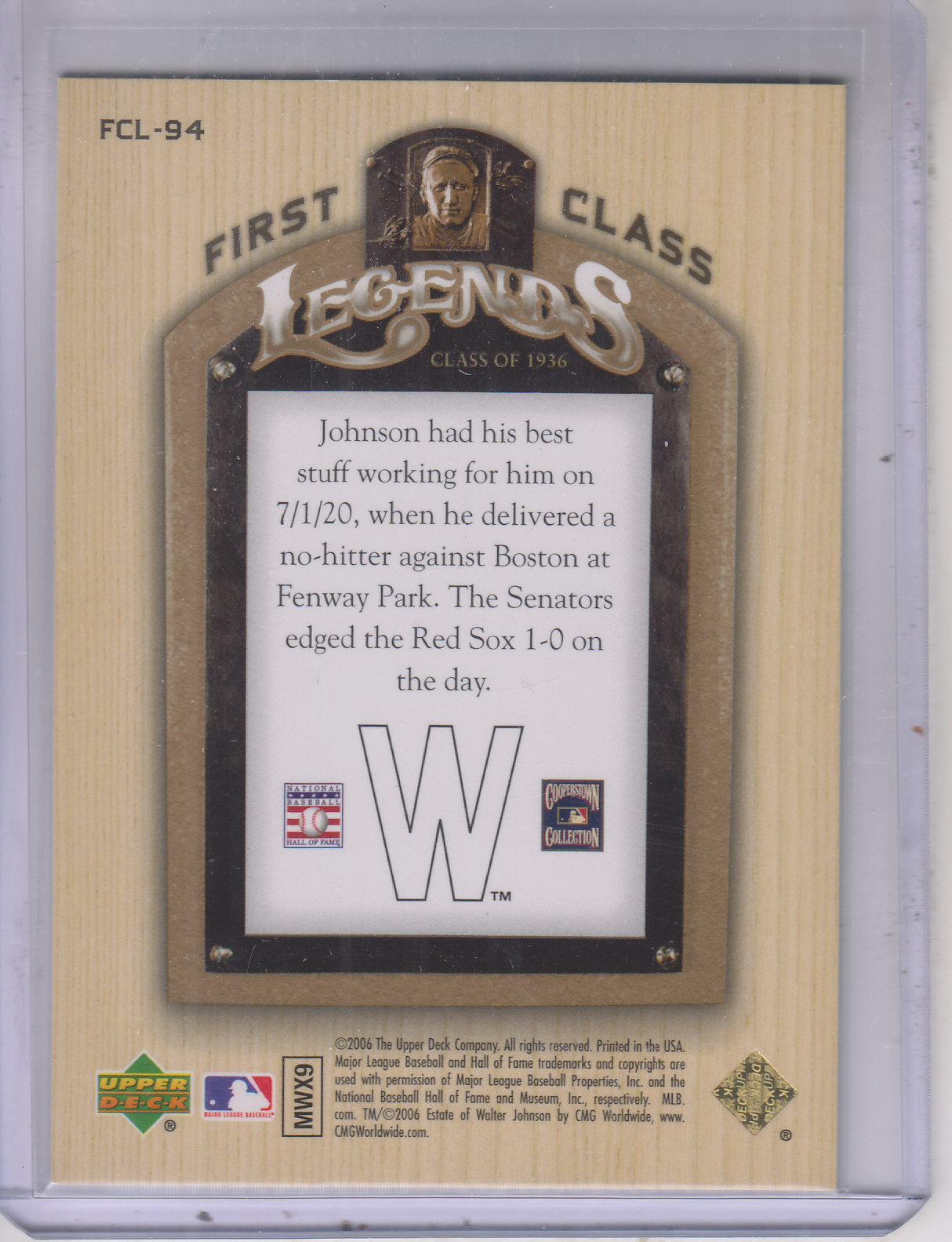 2006 Upper Deck First Class Legends Gold #FCL94 Walter Johnson back image