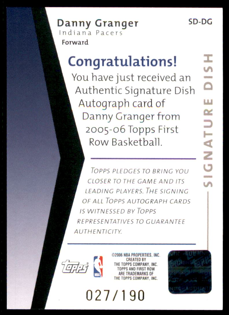 2005-06 Topps First Row Signature Dish #DG Danny Granger/190 back image