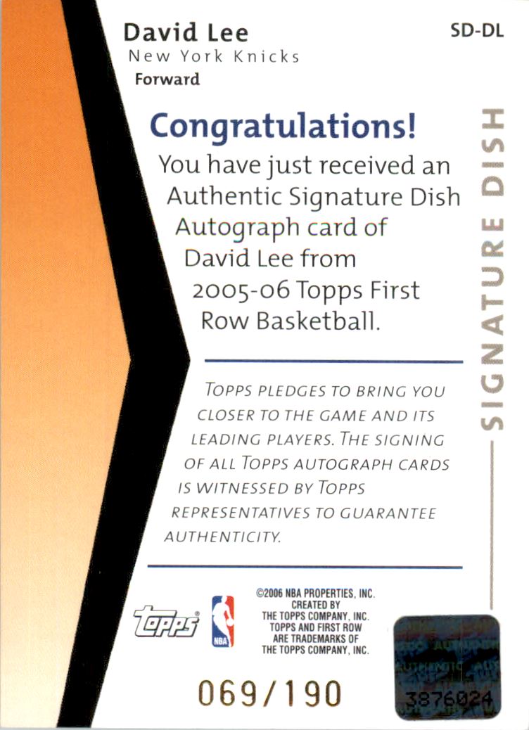 2005-06 Topps First Row Signature Dish #DL David Lee/190 back image