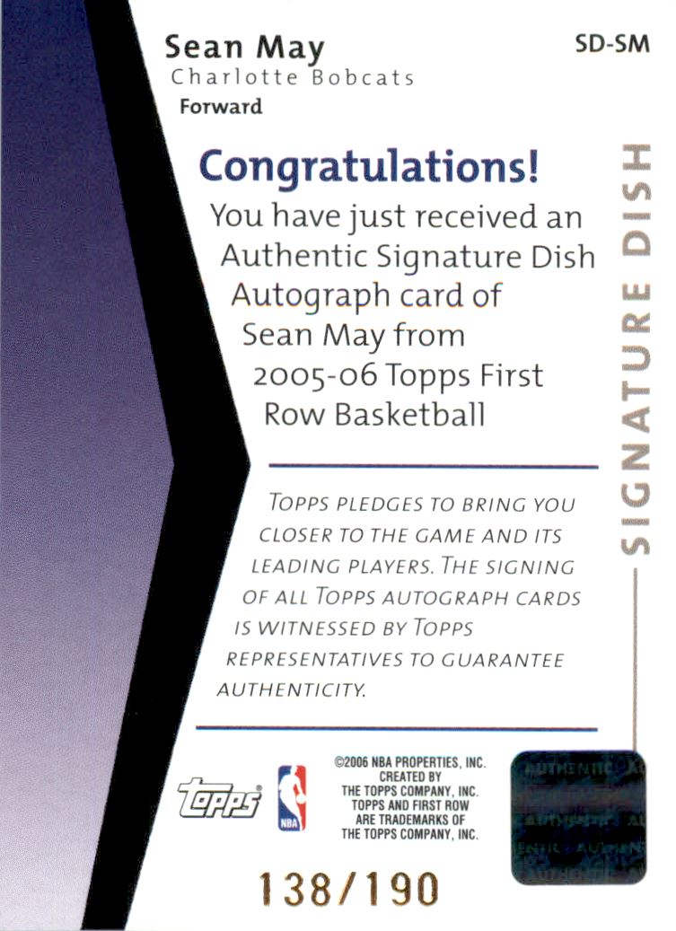 2005-06 Topps First Row Signature Dish #SM Sean May/190 back image