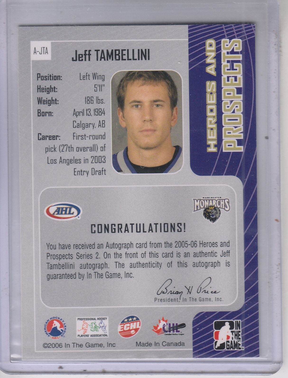 2005-06 ITG Heroes and Prospects Autographs Series II #AJTA Jeff Tambellini back image