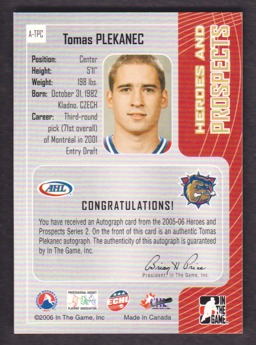 2005-06 ITG Heroes and Prospects Autographs Series II #ATPC Tomas Plekanec back image