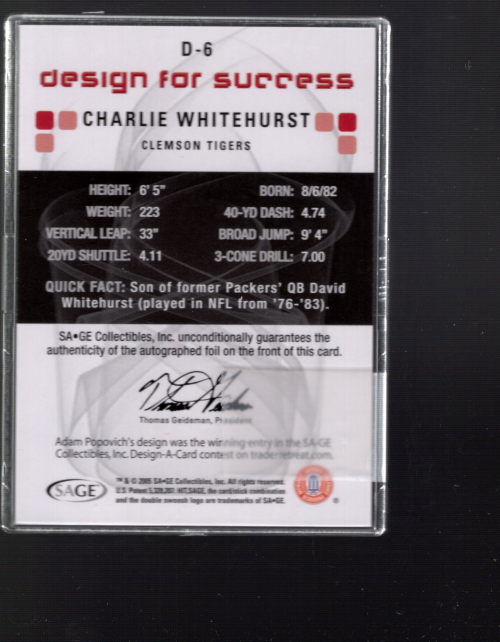 2006 SAGE HIT Design for Success Gold Autographs #DA6 Charlie Whitehurst back image