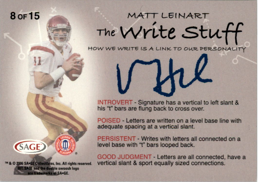 2006 SAGE HIT Write Stuff #8 Matt Leinart back image
