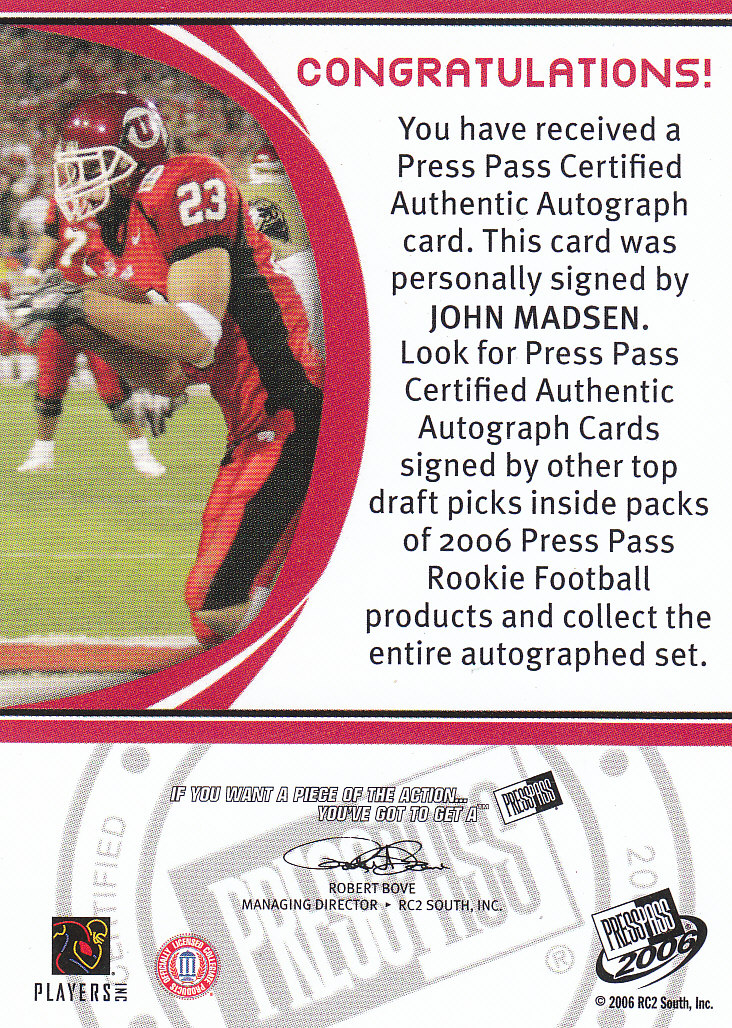 2006 Press Pass Autographs Bronze #44 John Madsen back image