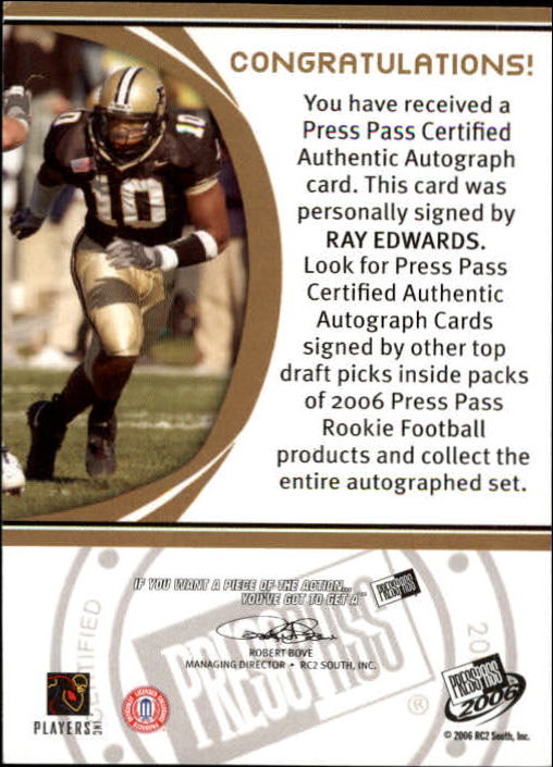 2006 Press Pass Autographs Bronze Red Ink #16 Ray Edwards/199* back image