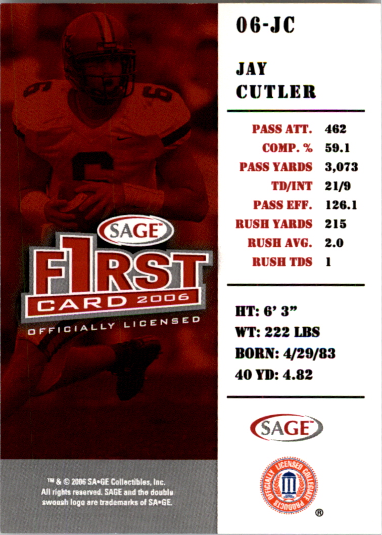 2006 SAGE First Card #06JC Jay Cutler/199 back image