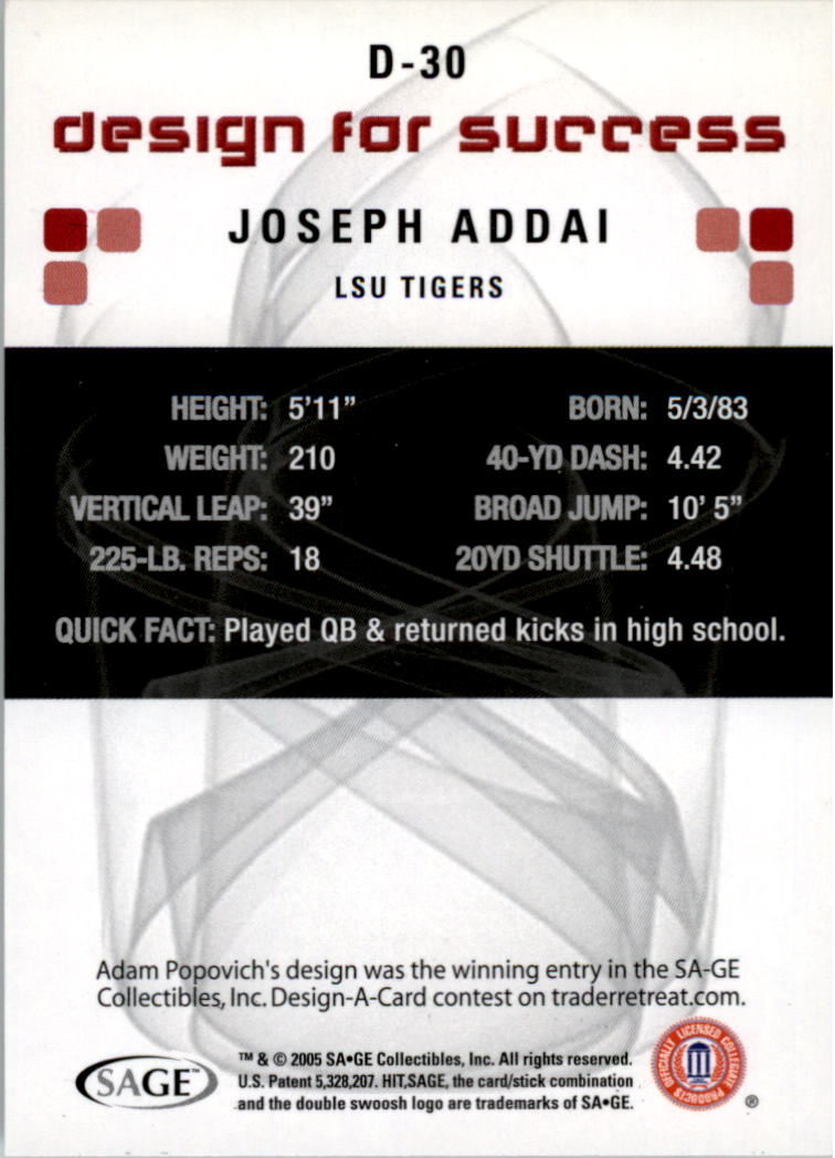 2006 SAGE HIT Design for Success Green #D30 Joseph Addai back image