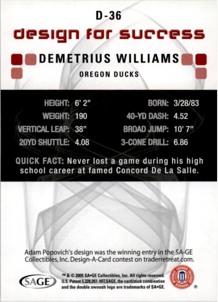 2006 SAGE HIT Design for Success Green #D36 Demetrius Williams back image