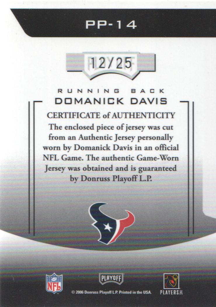 2006 Playoff Prestige Prestigious Pros Jerseys Platinum #14 Domanick Davis/25 back image