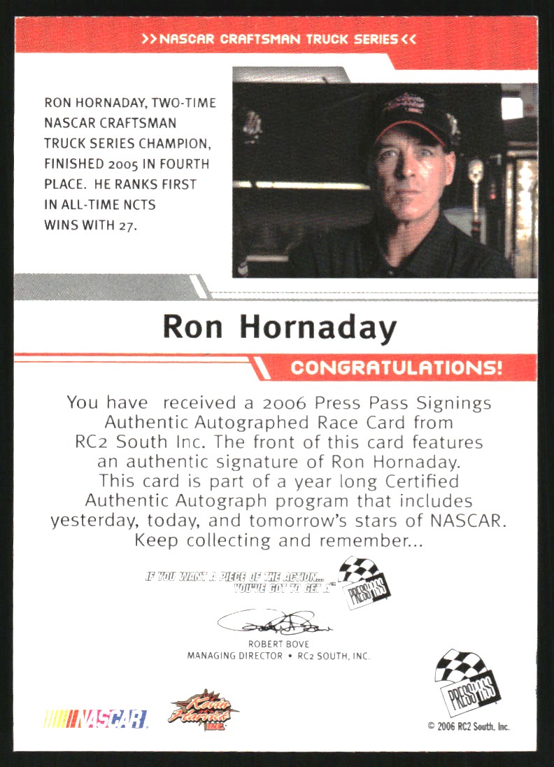 2006 Press Pass Signings Silver #23 Ron Hornaday CTS P/S back image