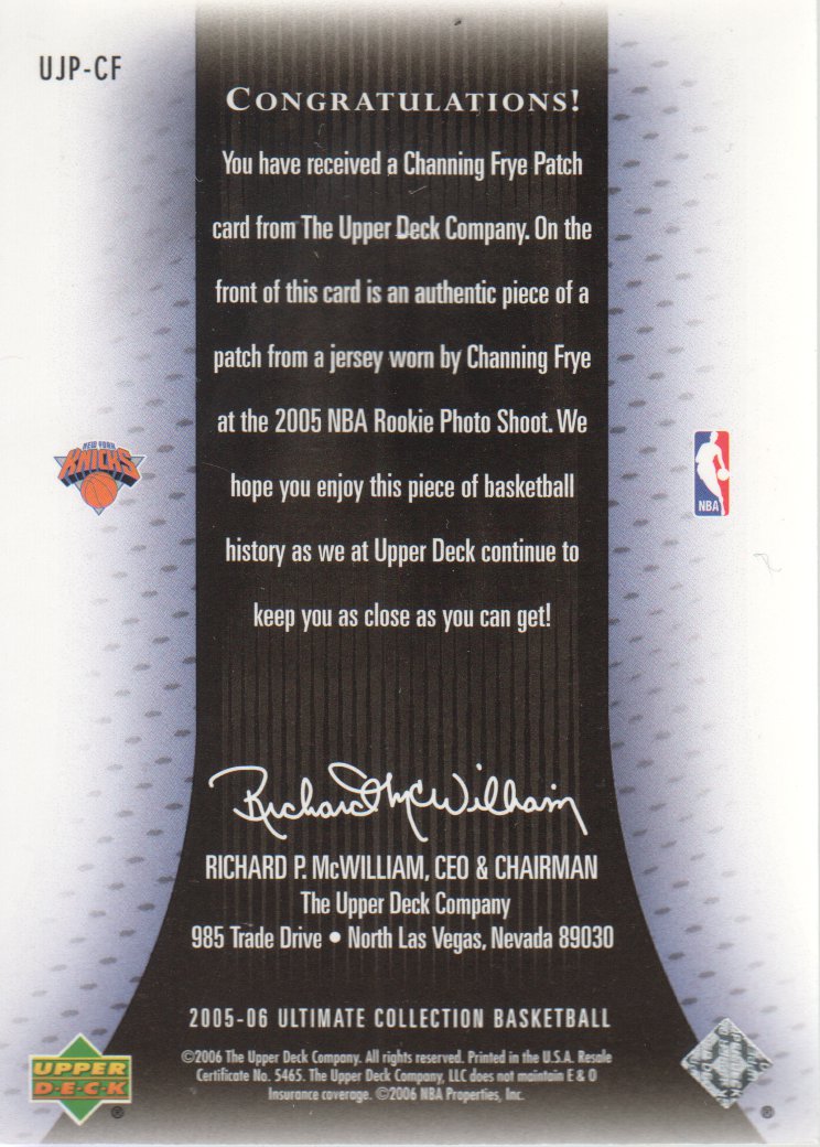 2005-06 Ultimate Collection Patches #UJPCF Channing Frye back image