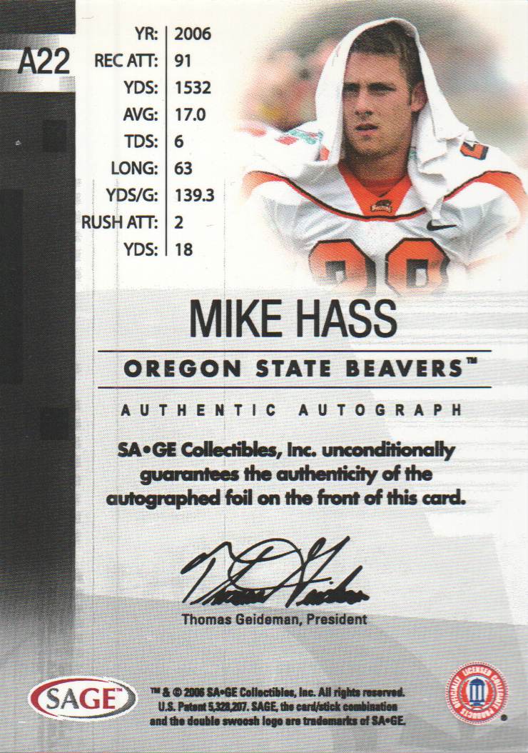 2006 SAGE Autographs Platinum #A22 Mike Hass/50 back image