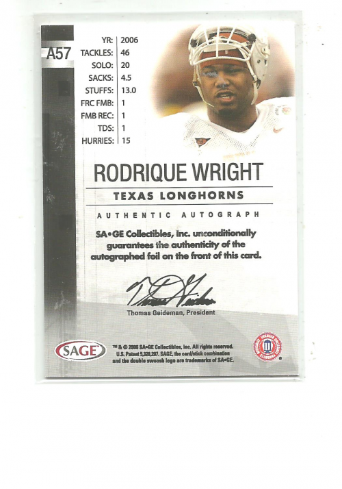 2006 SAGE Autographs Platinum #A57 Rodrique Wright/50 back image