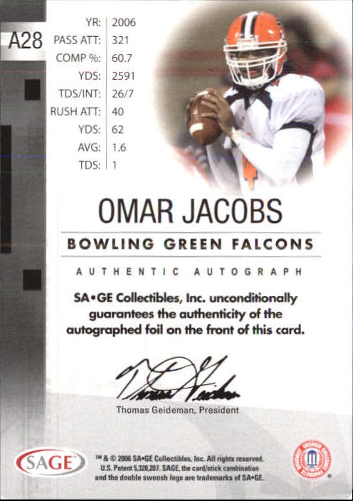 2006 SAGE Autographs Gold #A28 Omar Jacobs/150 back image