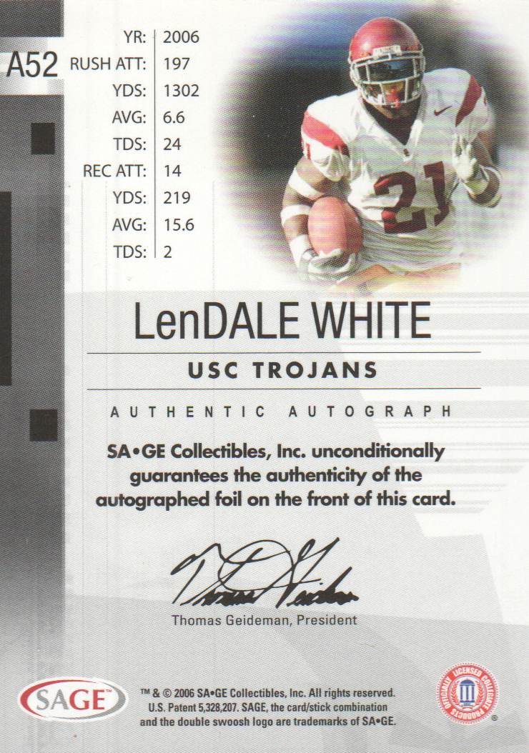 2006 SAGE Autographs Gold #A52 LenDale White/200 back image