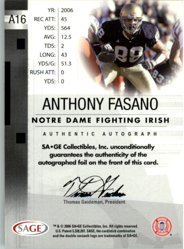 2006 SAGE Autographs Silver #A16 Anthony Fasano/400 back image