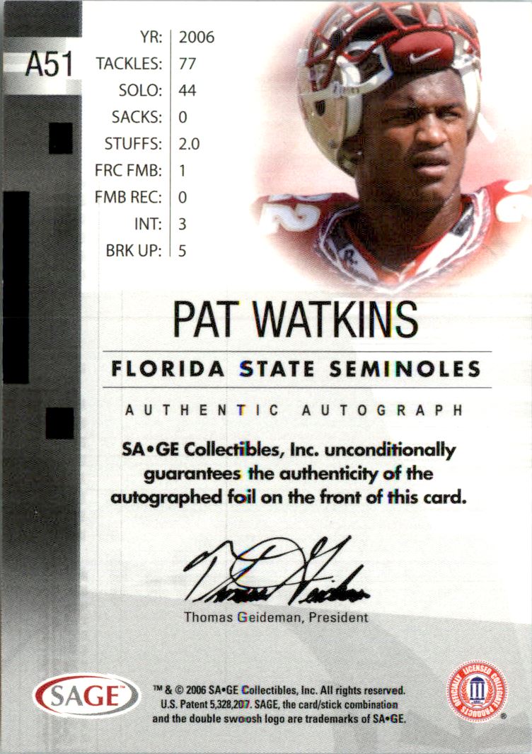 2006 SAGE Autographs Silver #A51 Pat Watkins/400 back image