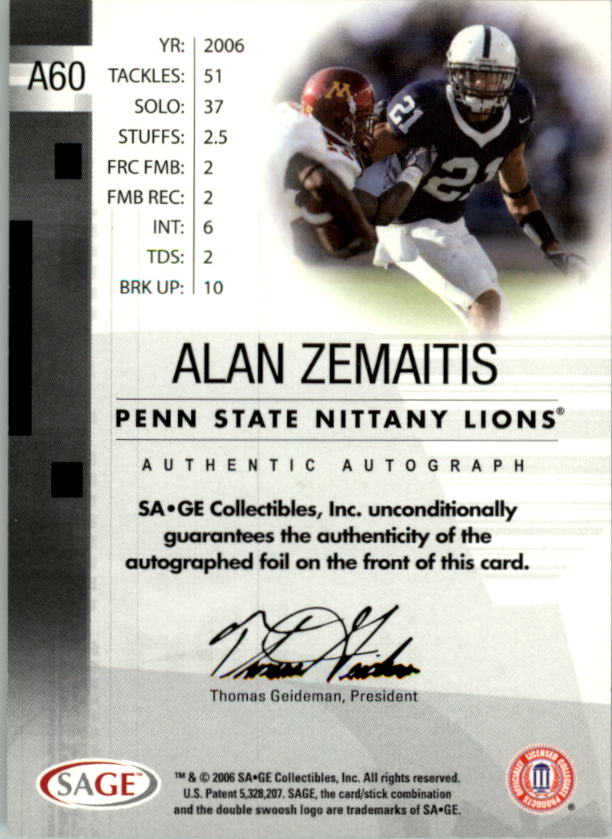 2006 SAGE Autographs Silver #A60 Alan Zemaitis/400 back image