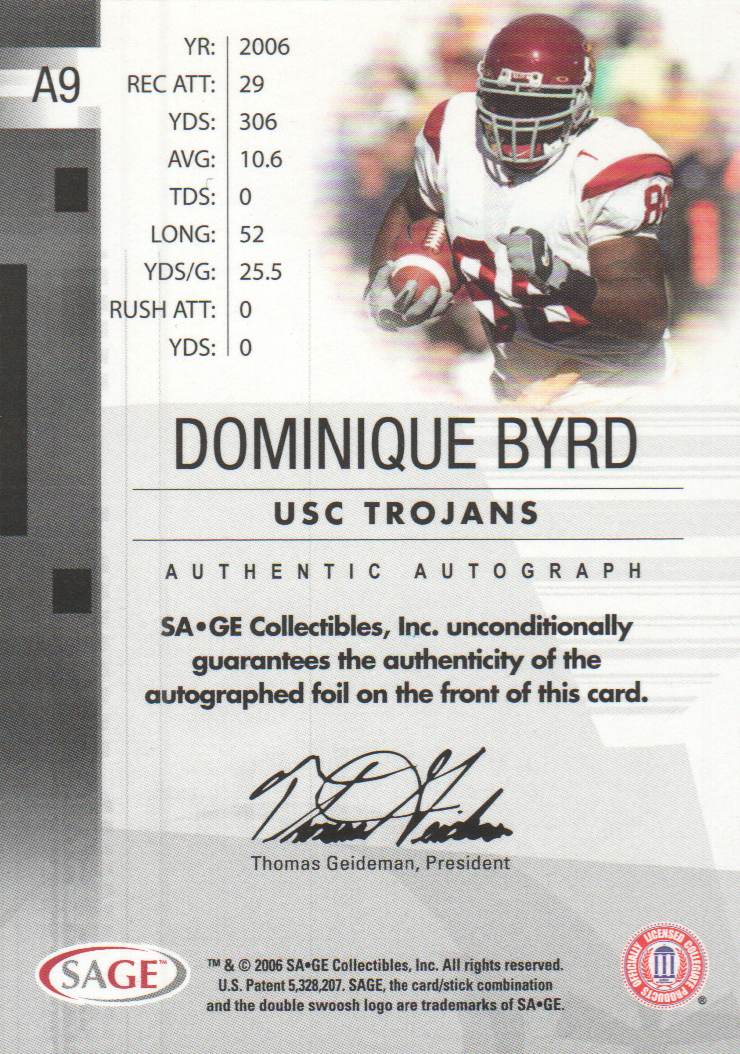 2006 SAGE Autographs Bronze #A9 Dominique Byrd/650 back image