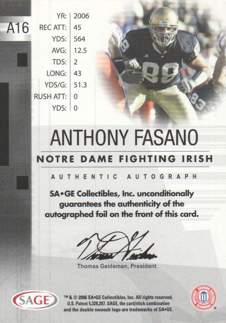2006 SAGE Autographs Bronze #A16 Anthony Fasano/650 back image