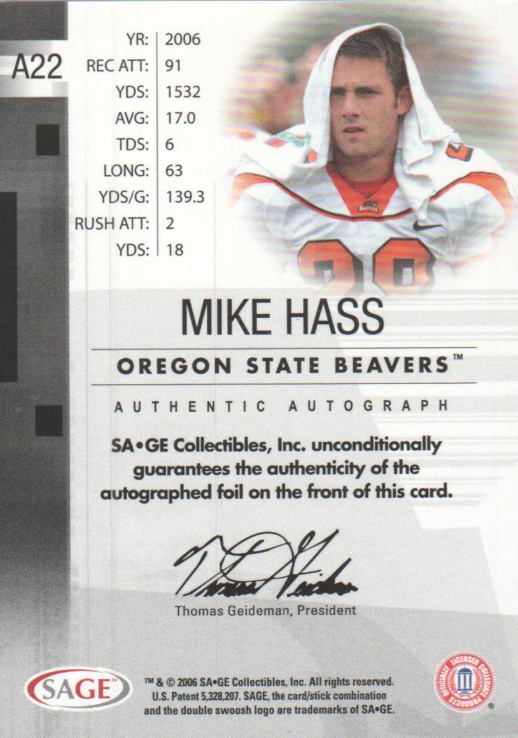 2006 SAGE Autographs Bronze #A22 Mike Hass/650 back image