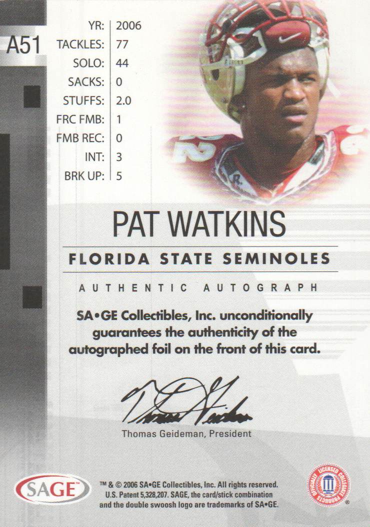 2006 SAGE Autographs Bronze #A51 Pat Watkins/650 back image