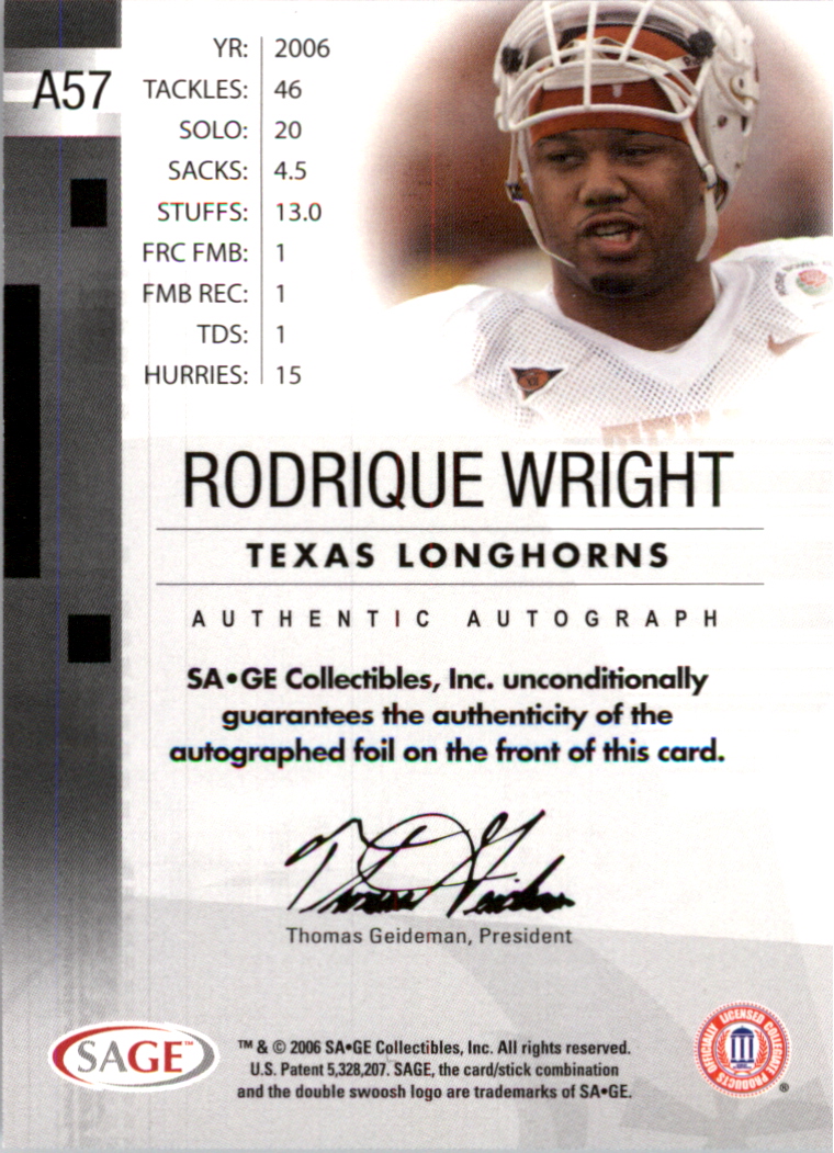 2006 SAGE Autographs Bronze #A57 Rodrique Wright/570 back image