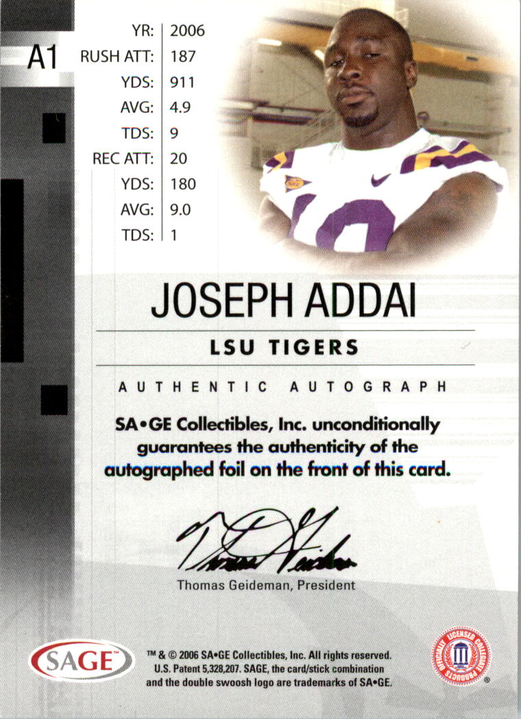 2006 SAGE Autographs Red #A1 Joseph Addai/999 back image