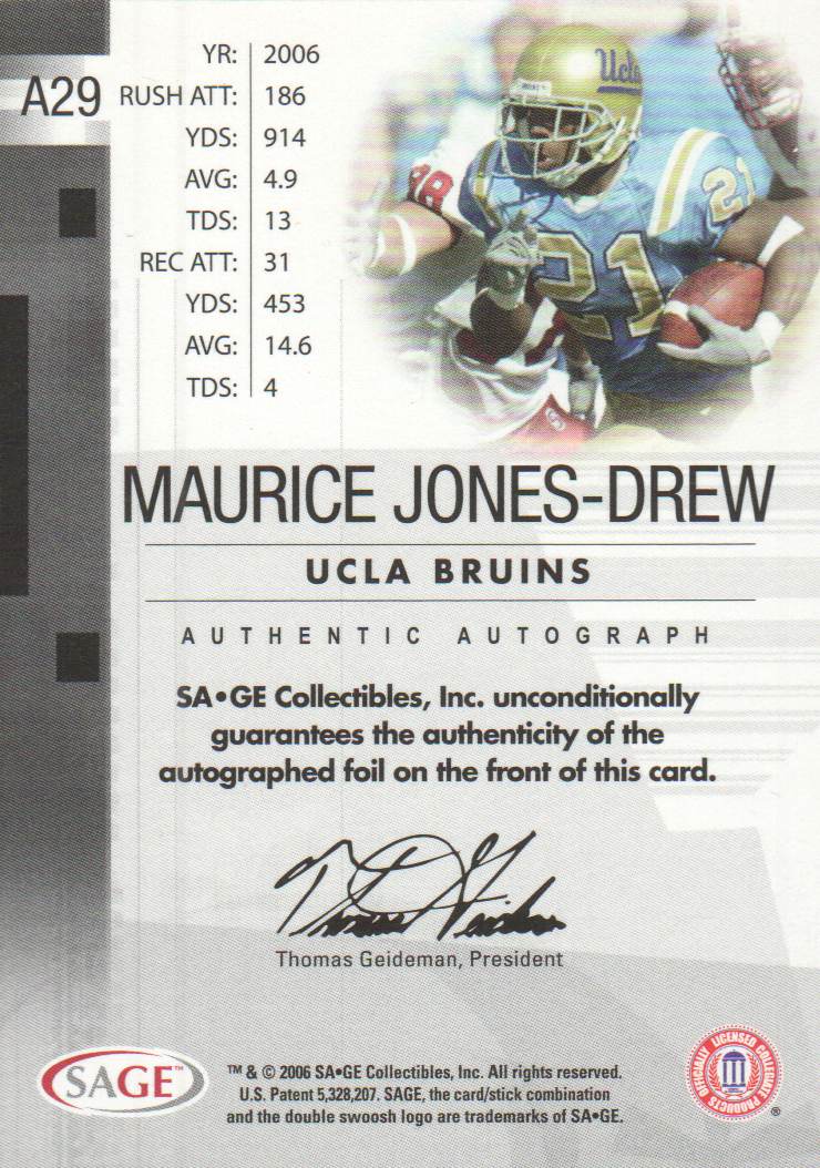 2006 SAGE Autographs Red #A29 Maurice Drew/999 back image