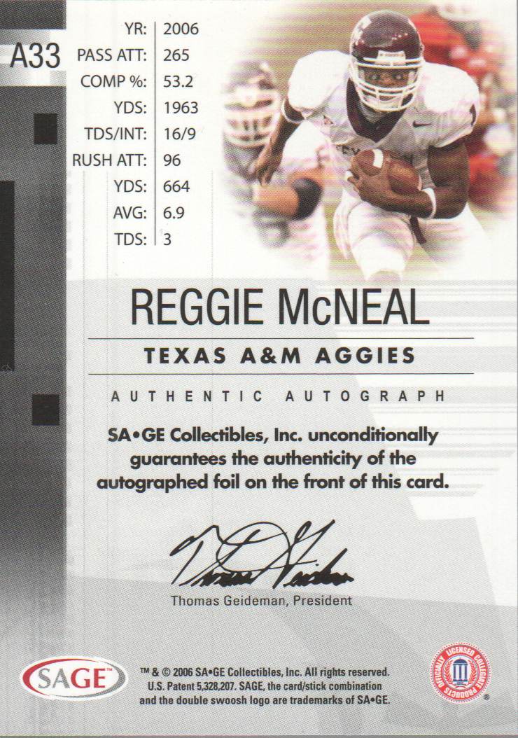 2006 SAGE Autographs Red #A33 Reggie McNeal/700 back image
